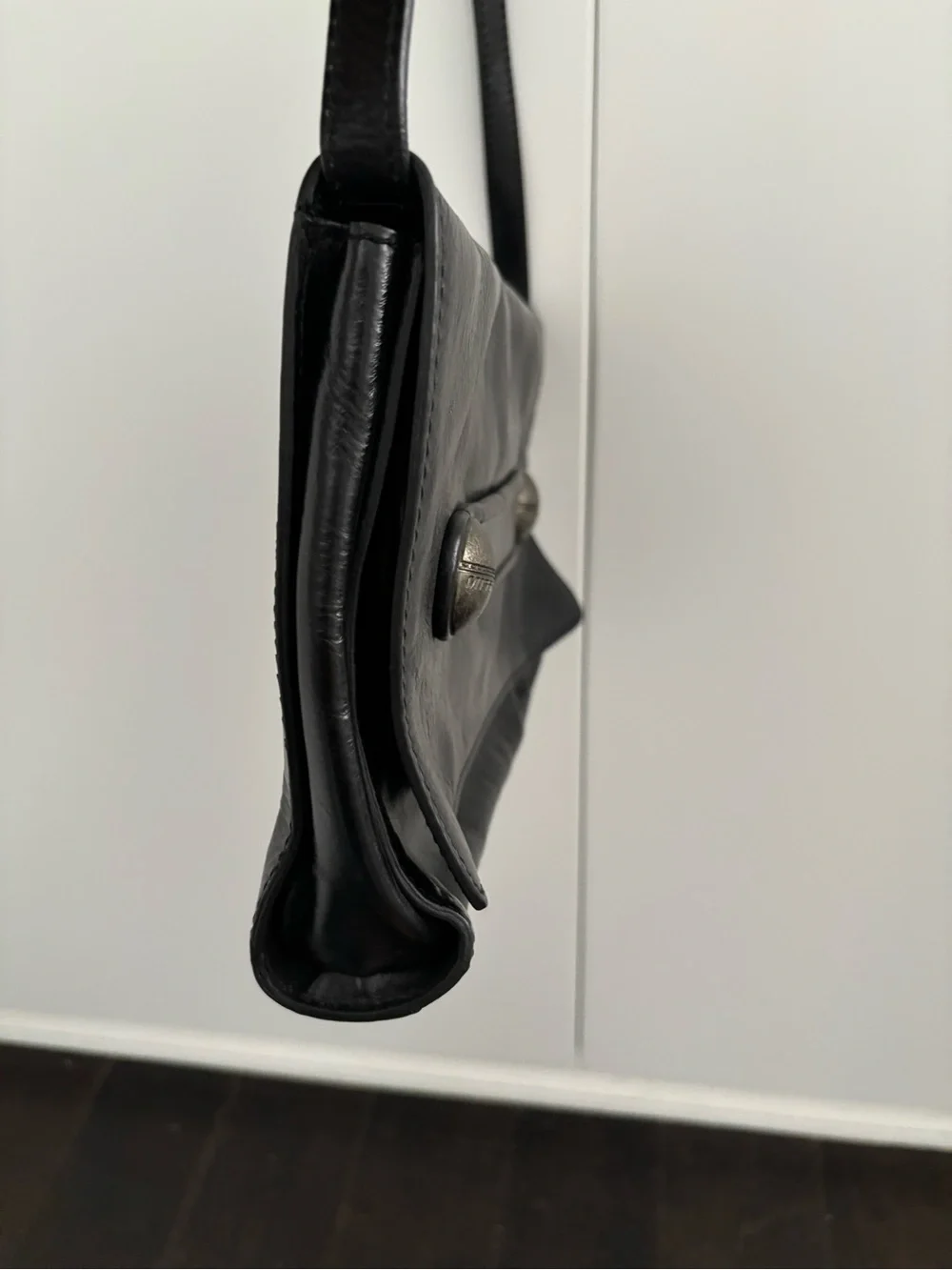 Miss Sixty Black Leather Messenger Bag with Metal Button Accents